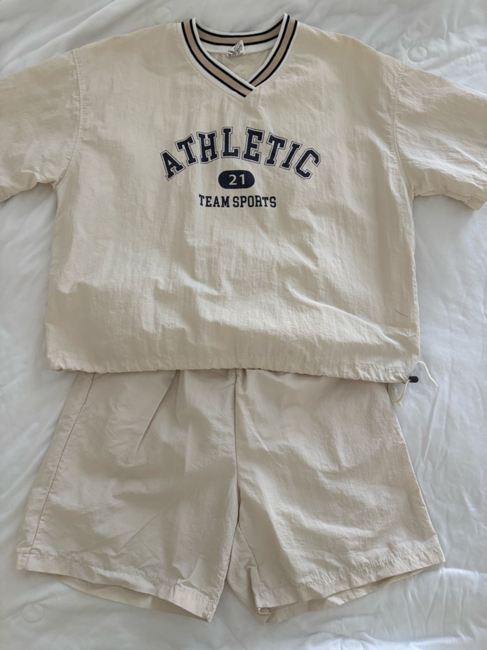 Cream Kids Athletic V-Neck Sweatshirt & Shorts Matching Set